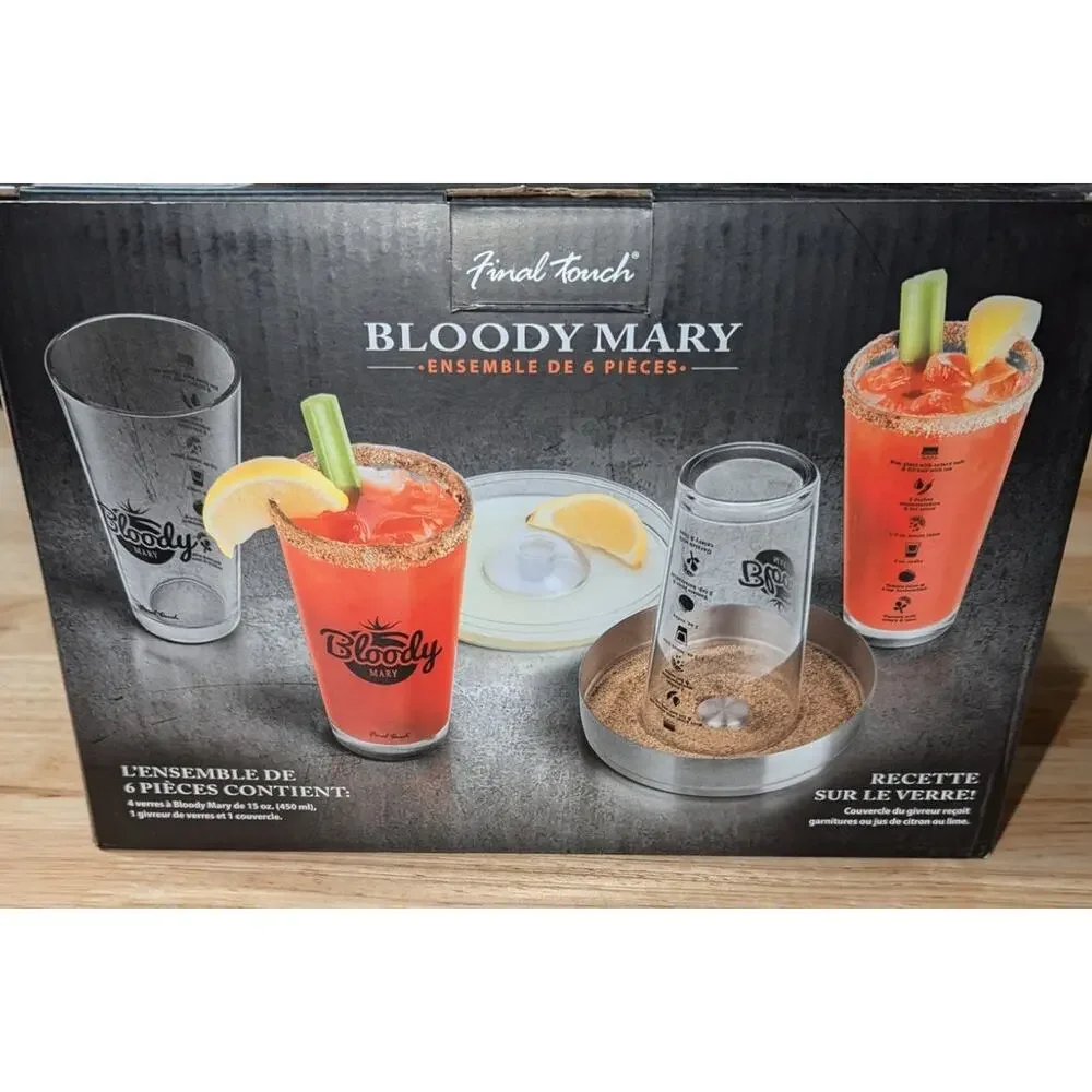 Final Touch Bloody Mary Set 6 Piece, 15oz Glasses x4, Cocktail Rimmer Tray & Lid